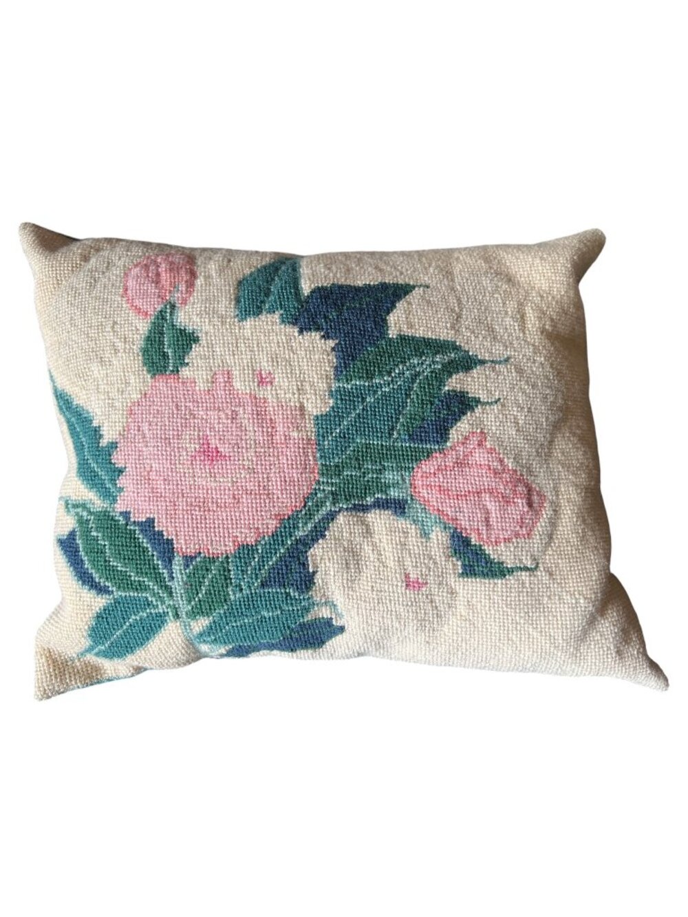 Handmade Needlepoint Pillow Pink Cream Green Floral 12.5" X 10" X 3" VTG Cottage